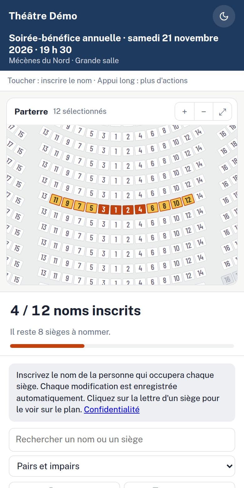 Le lien d'un partenaire sur un téléphone : ses sièges et la liste de ses invités